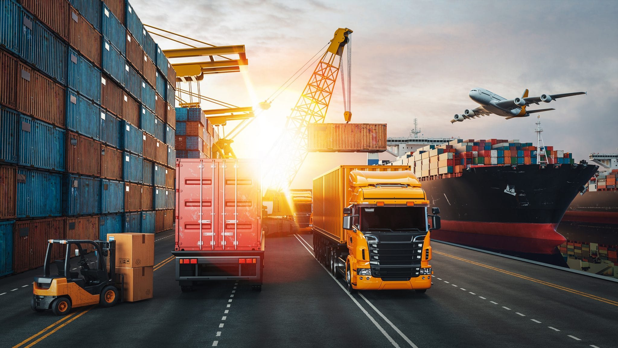 A line of freight trucks at a logistics terminal